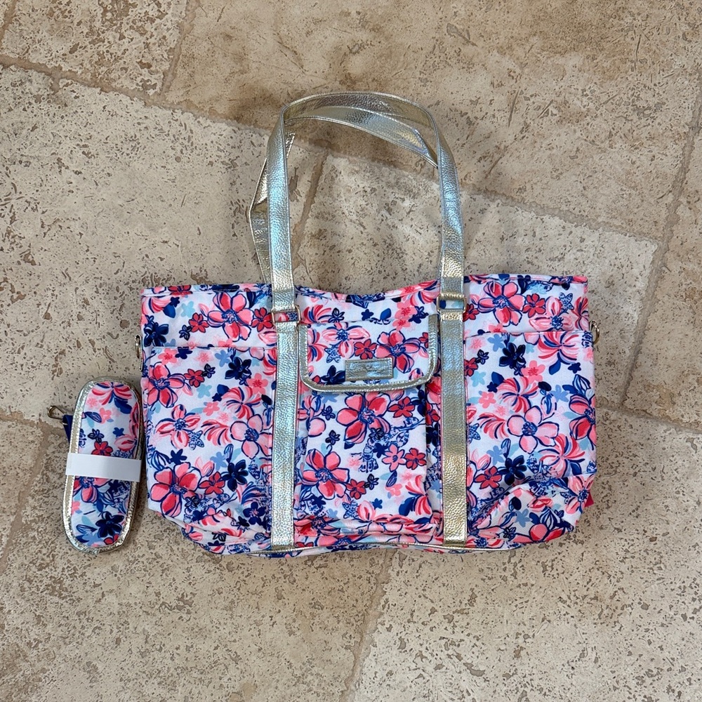Lilly Pulitzer Pink and Blue Floral Tote with gold Accents